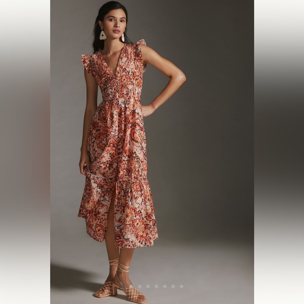 Anthropologie Paisley Midi Dress in Rust and Cream